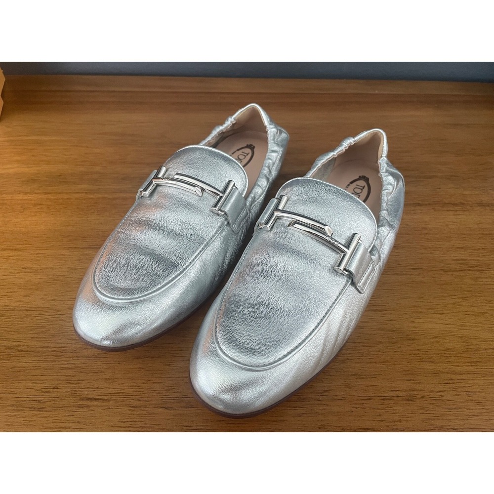 TOD's‎ Women Silver Leather 79A Moccasino Doppio Slip on Loafer shoe 36